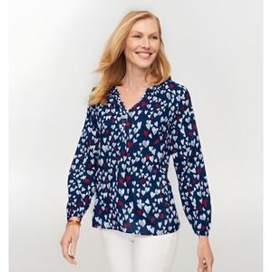 Talbots Women's Top Size LP Ruffle Trim Popover Heart Sketch Blouse Long Sleeves